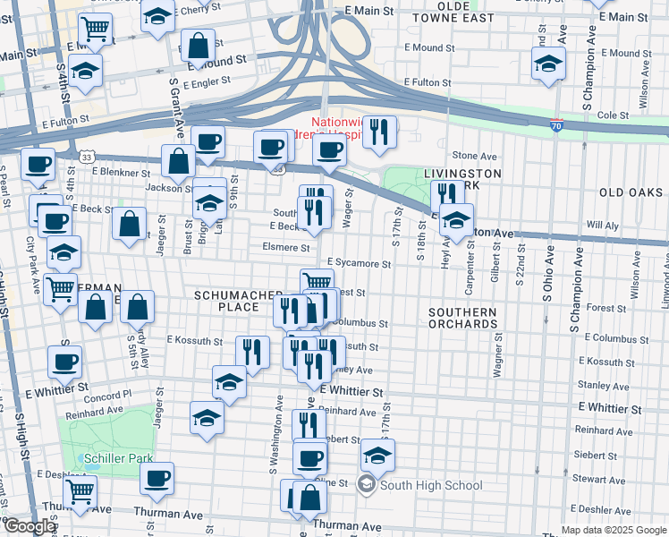 map of restaurants, bars, coffee shops, grocery stores, and more near 781 Wager Street in Columbus