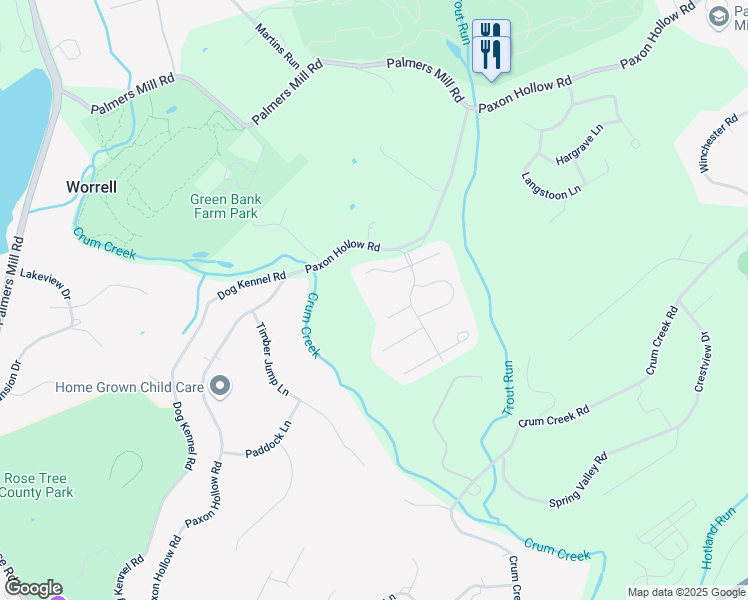 map of restaurants, bars, coffee shops, grocery stores, and more near 114 Black Bass Lane West in Media