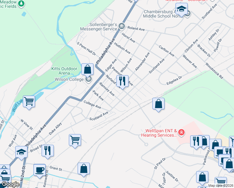 map of restaurants, bars, coffee shops, grocery stores, and more near 262 Ramsey Avenue in Chambersburg