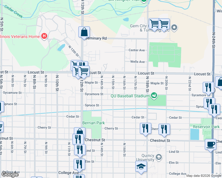 map of restaurants, bars, coffee shops, grocery stores, and more near 1500 Sycamore Street in Quincy