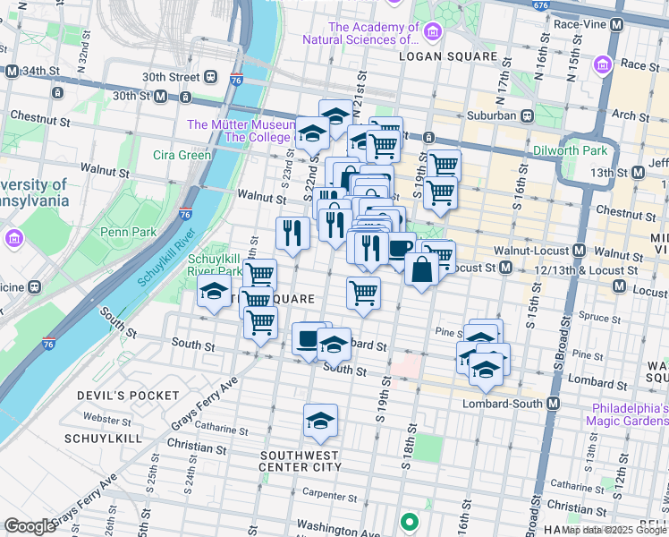 map of restaurants, bars, coffee shops, grocery stores, and more near 2045 Spruce Street in Philadelphia