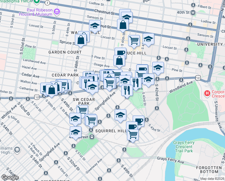 map of restaurants, bars, coffee shops, grocery stores, and more near 4518 Baltimore Ave in Philadelphia