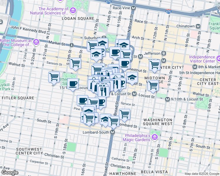 map of restaurants, bars, coffee shops, grocery stores, and more near in Philadelphia