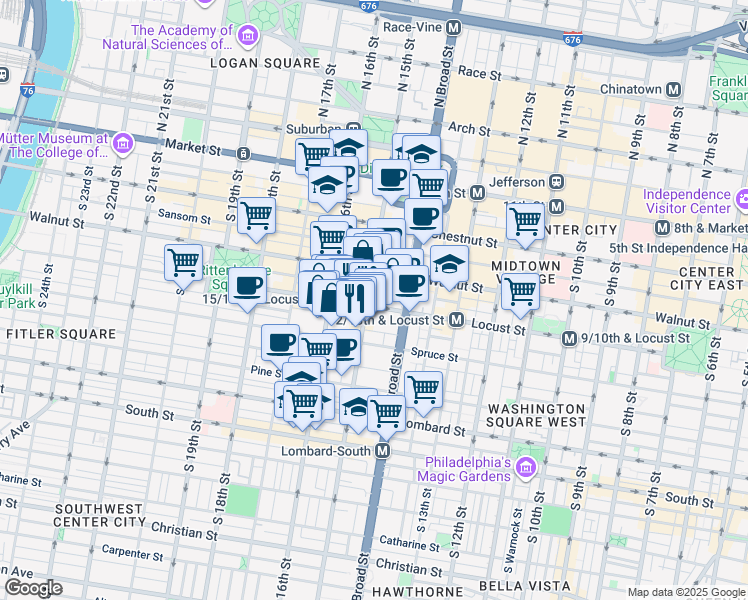 map of restaurants, bars, coffee shops, grocery stores, and more near 1425 Locust Street in Philadelphia