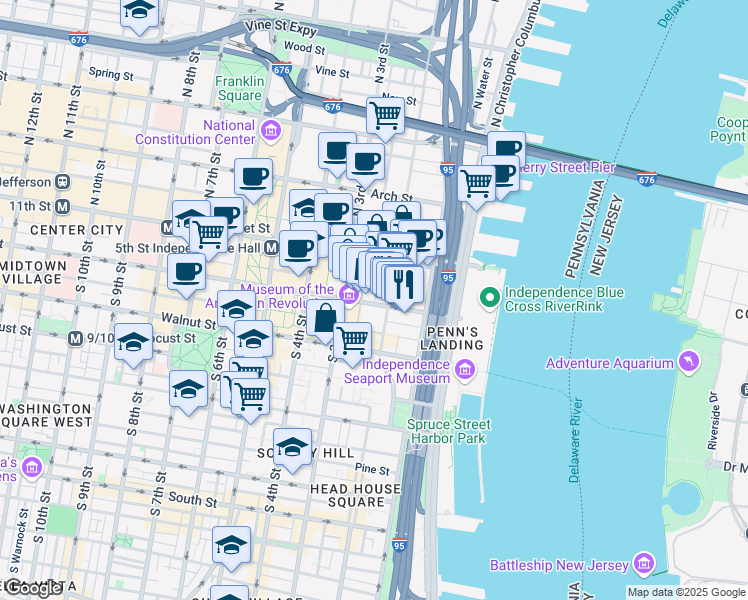 map of restaurants, bars, coffee shops, grocery stores, and more near 107 South 2nd Street in Philadelphia