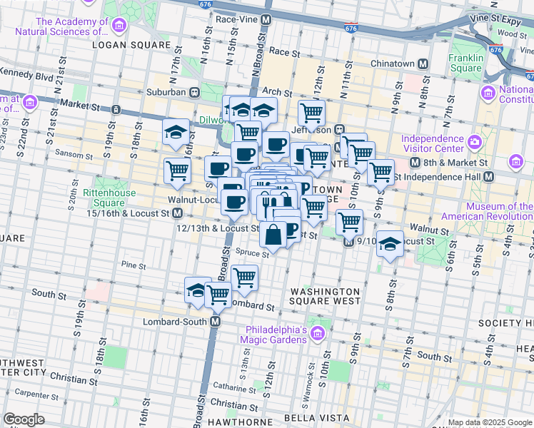 map of restaurants, bars, coffee shops, grocery stores, and more near 1301 Locust Street in Philadelphia