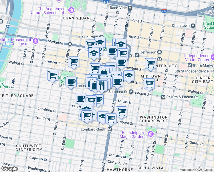 map of restaurants, bars, coffee shops, grocery stores, and more near 1425 Locust Street in Philadelphia