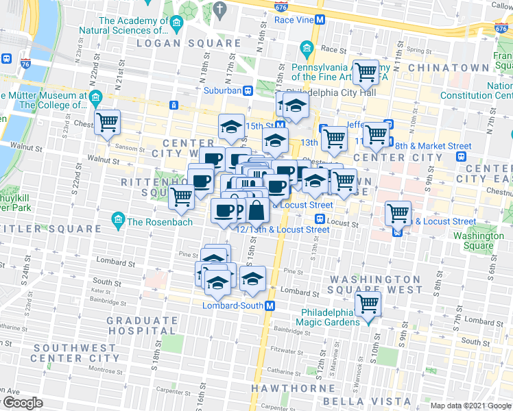 map of restaurants, bars, coffee shops, grocery stores, and more near in Philadelphia