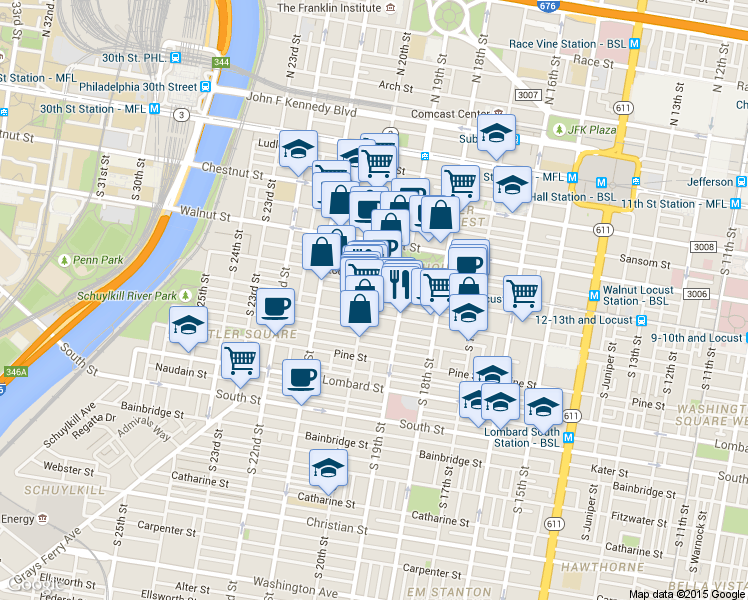 map of restaurants, bars, coffee shops, grocery stores, and more near 1928 Spruce Street in Philadelphia