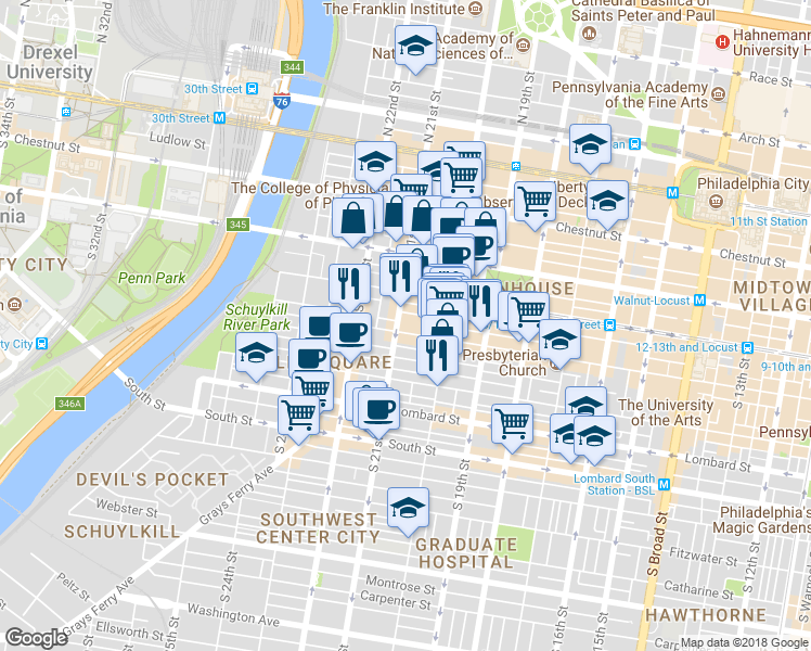 map of restaurants, bars, coffee shops, grocery stores, and more near 2023 Cypress Street in Philadelphia