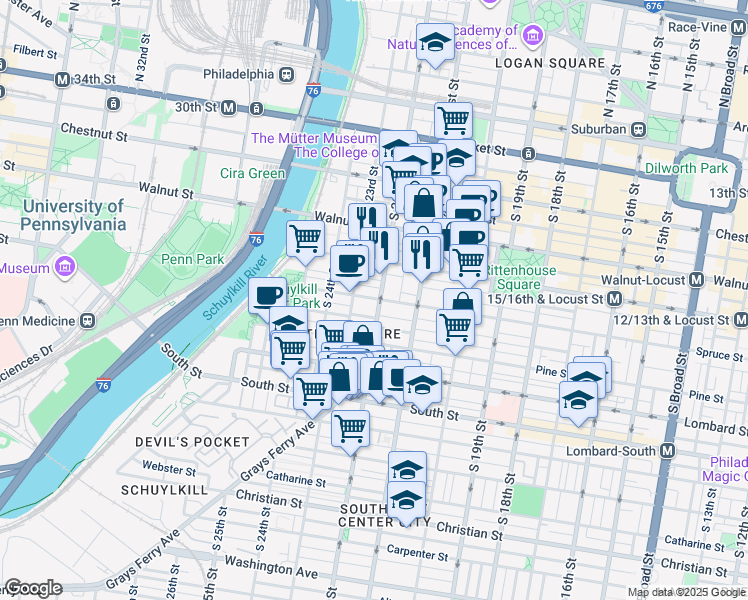 map of restaurants, bars, coffee shops, grocery stores, and more near in Philadelphia