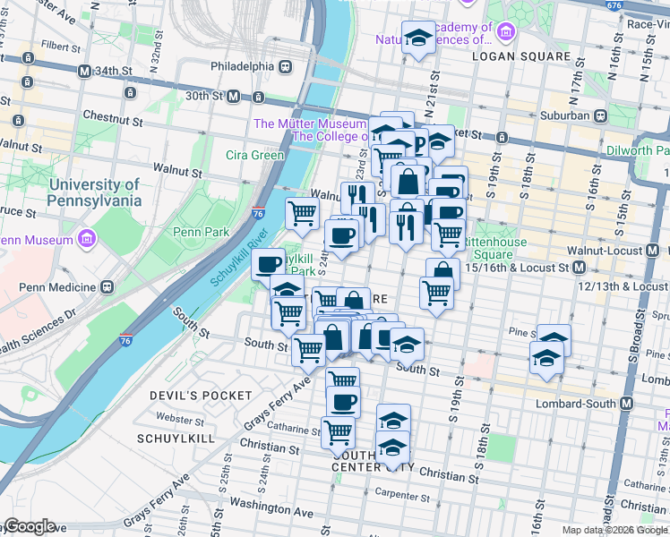 map of restaurants, bars, coffee shops, grocery stores, and more near in Philadelphia