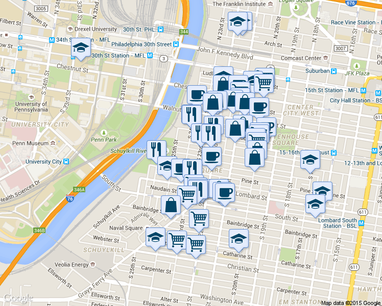 map of restaurants, bars, coffee shops, grocery stores, and more near in Philadelphia