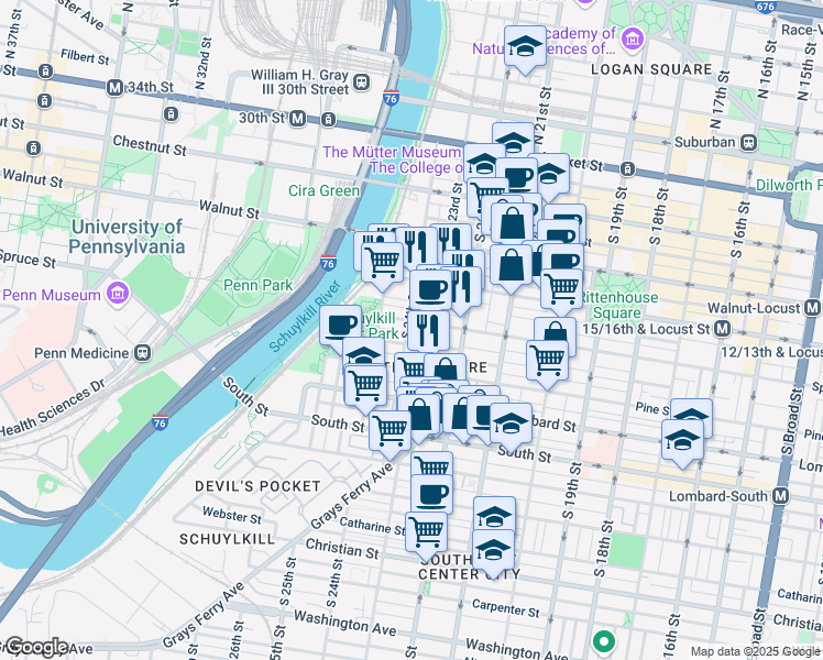 map of restaurants, bars, coffee shops, grocery stores, and more near in Philadelphia