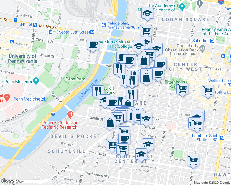 map of restaurants, bars, coffee shops, grocery stores, and more near in Philadelphia