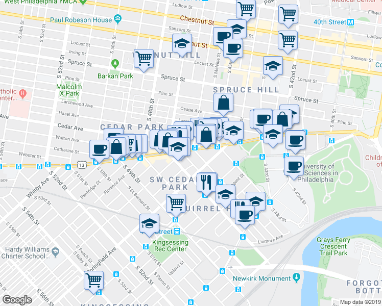 map of restaurants, bars, coffee shops, grocery stores, and more near 924 South 46th Street in Philadelphia