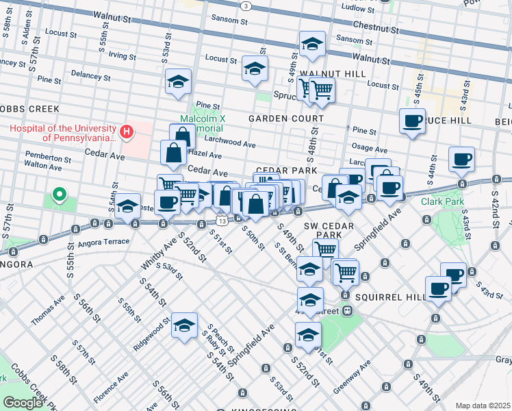 map of restaurants, bars, coffee shops, grocery stores, and more near 4916 Baltimore Avenue in Philadelphia