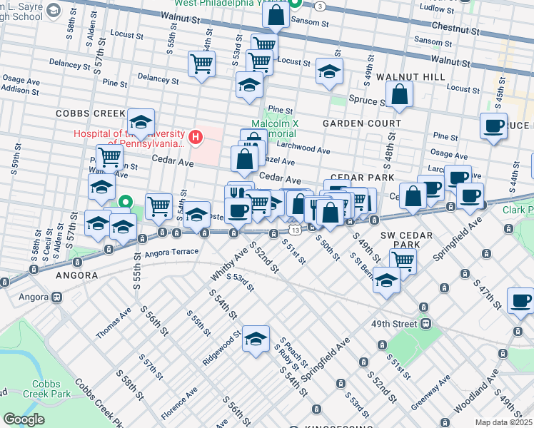 map of restaurants, bars, coffee shops, grocery stores, and more near 5129 Baltimore Avenue in Philadelphia