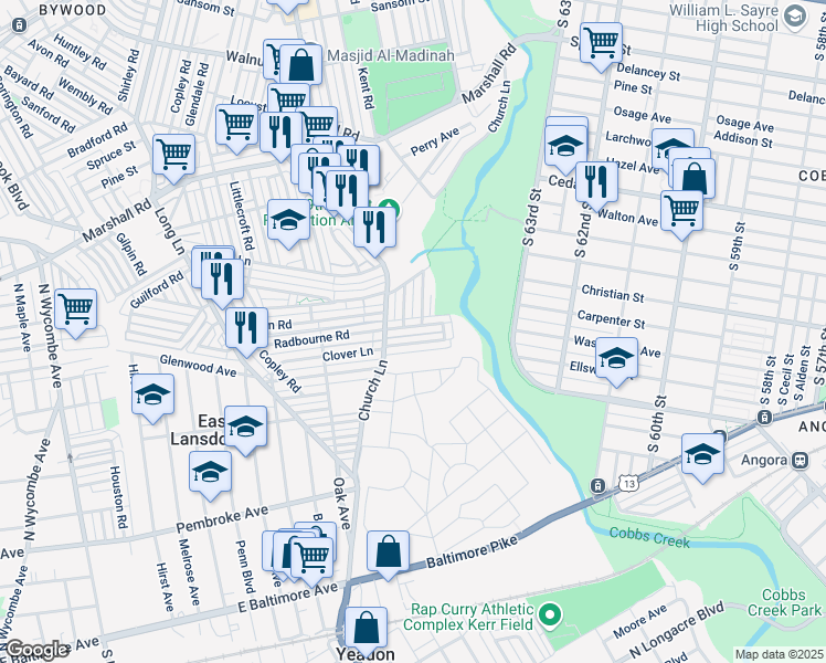 map of restaurants, bars, coffee shops, grocery stores, and more near 6844 Radbourne Road in Delaware County