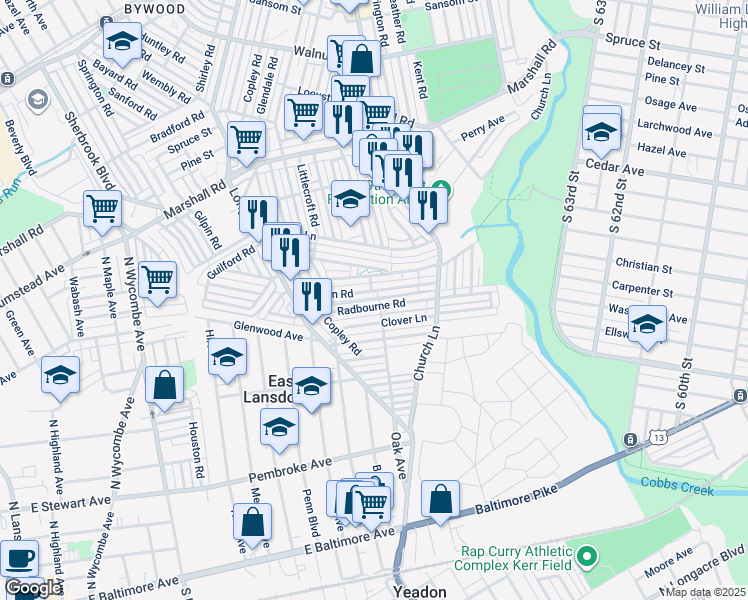 map of restaurants, bars, coffee shops, grocery stores, and more near 7127 Clover Lane in Delaware County