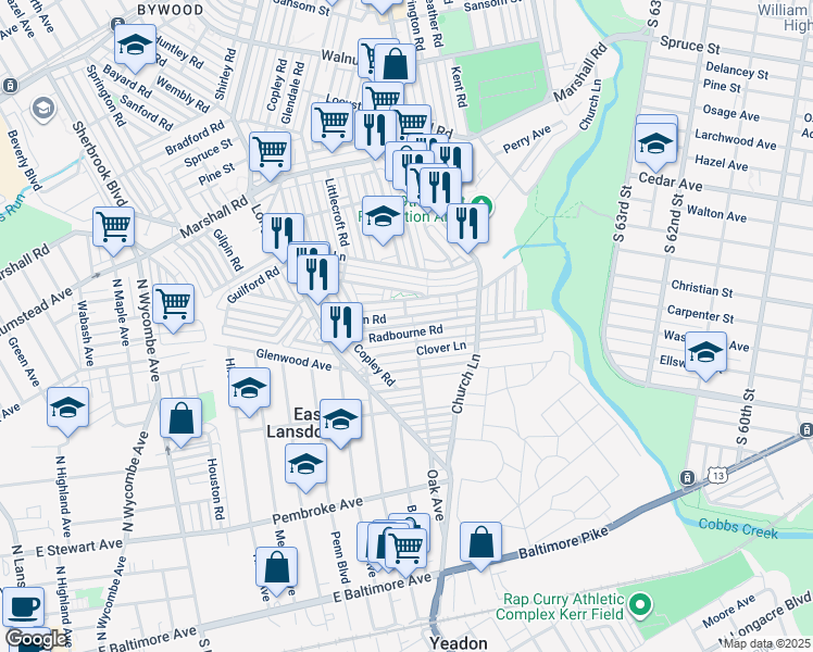 map of restaurants, bars, coffee shops, grocery stores, and more near 7127 Clover Lane in Delaware County
