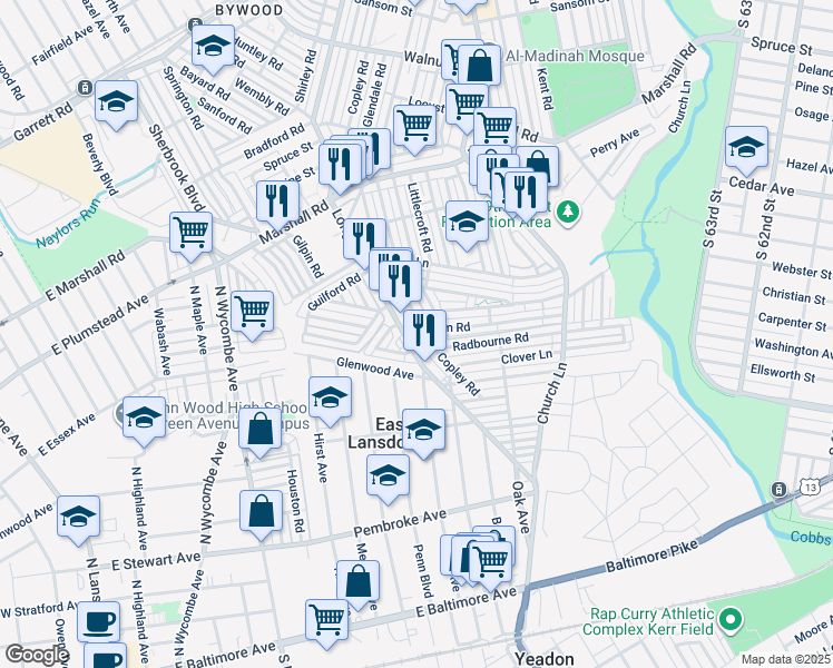 map of restaurants, bars, coffee shops, grocery stores, and more near 7218 Radbourne Road in Delaware County