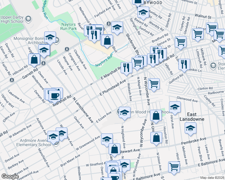 map of restaurants, bars, coffee shops, grocery stores, and more near 248 Green Avenue in Lansdowne