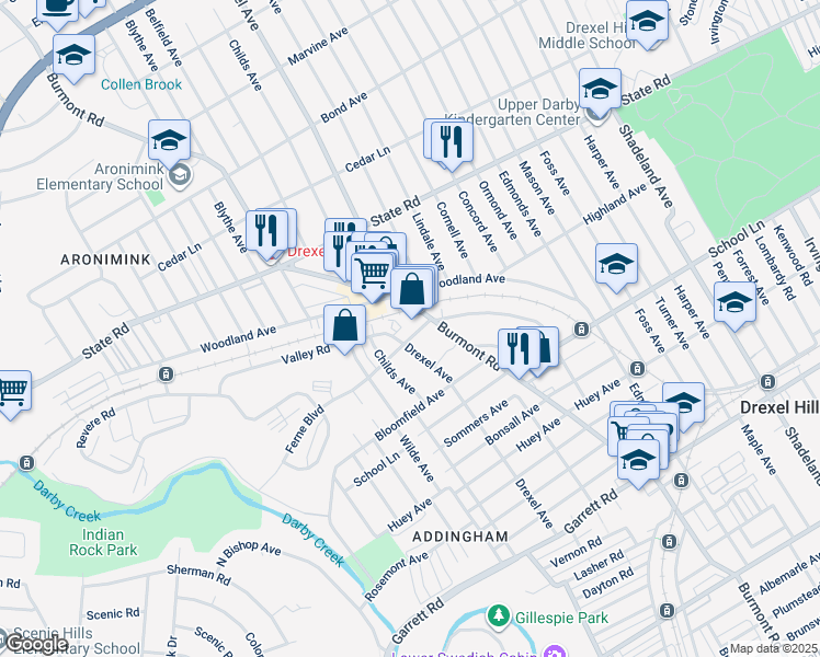 map of restaurants, bars, coffee shops, grocery stores, and more near 645 Drexel Avenue in Drexel Hill