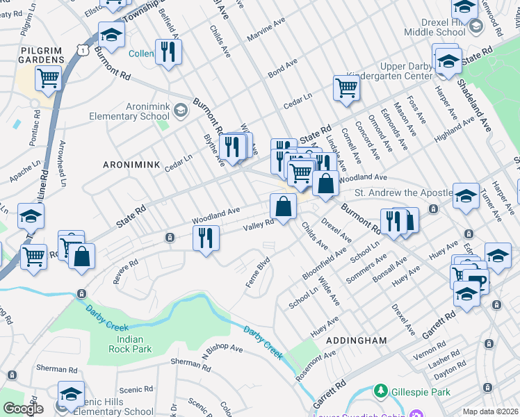 map of restaurants, bars, coffee shops, grocery stores, and more near 18-16 Valley Road in Drexel Hill