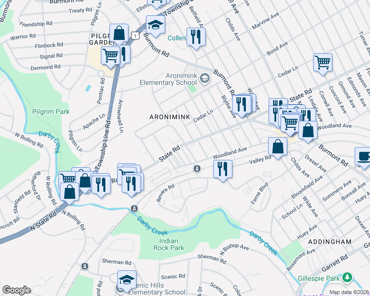map of restaurants, bars, coffee shops, grocery stores, and more near 706 Stanbridge Road in Drexel Hill