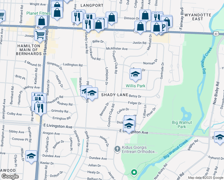 map of restaurants, bars, coffee shops, grocery stores, and more near 1367 Country Club Road in Columbus