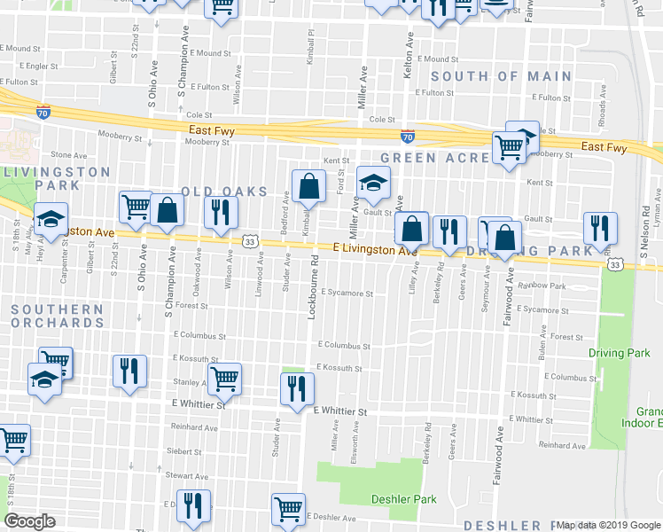 map of restaurants, bars, coffee shops, grocery stores, and more near 892 Miller Avenue in Columbus