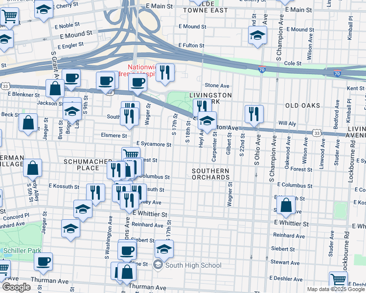 map of restaurants, bars, coffee shops, grocery stores, and more near 790 South 17th Street in Columbus