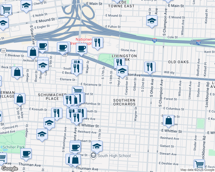 map of restaurants, bars, coffee shops, grocery stores, and more near 790 South 17th Street in Columbus