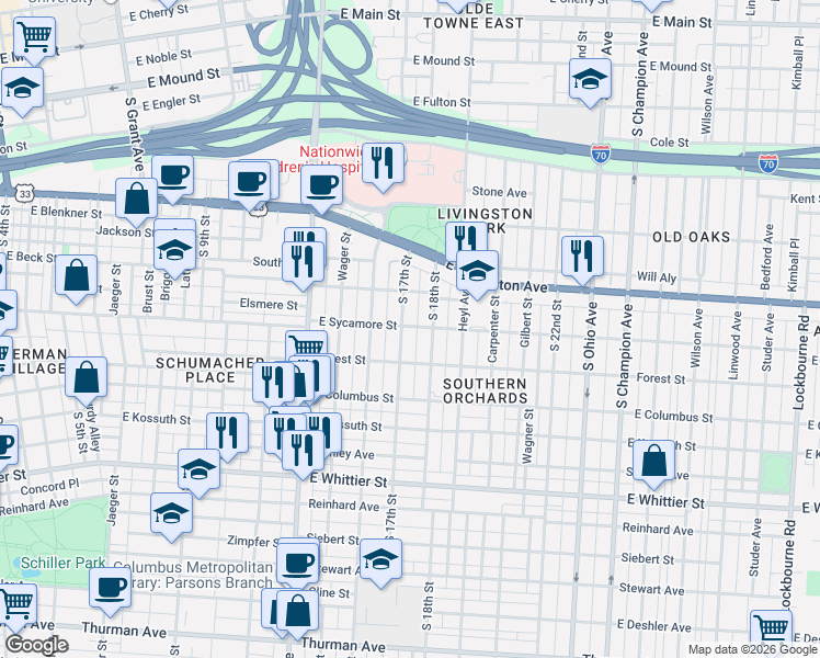 map of restaurants, bars, coffee shops, grocery stores, and more near 790 South 17th Street in Columbus