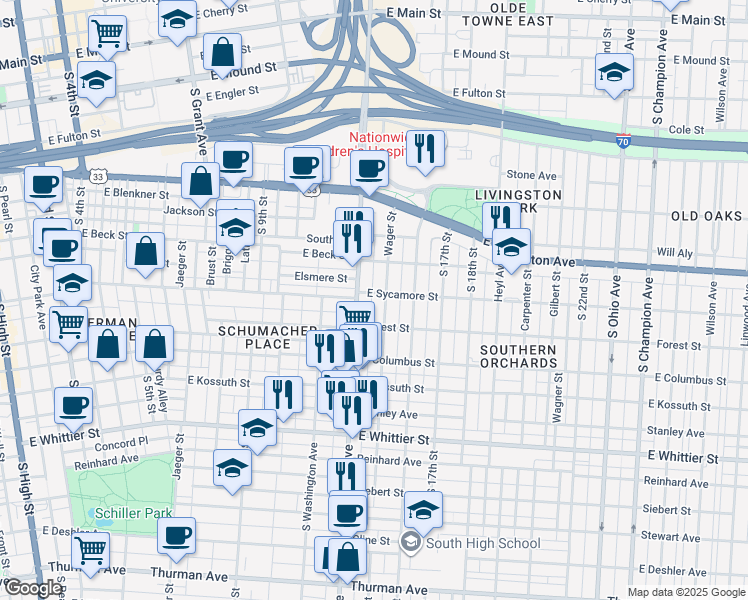 map of restaurants, bars, coffee shops, grocery stores, and more near 781 Wager Street in Columbus