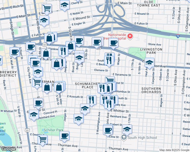 map of restaurants, bars, coffee shops, grocery stores, and more near 484-498 Forest Street in Columbus