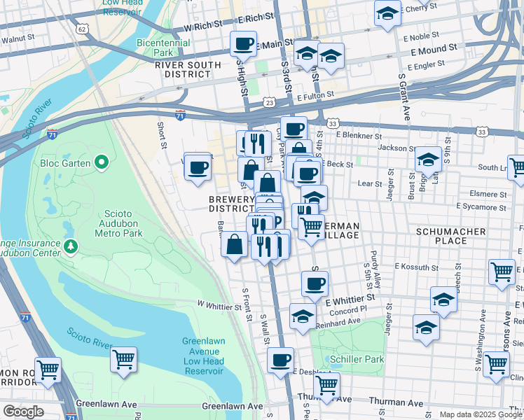 map of restaurants, bars, coffee shops, grocery stores, and more near 684 U.S. 23 in Columbus