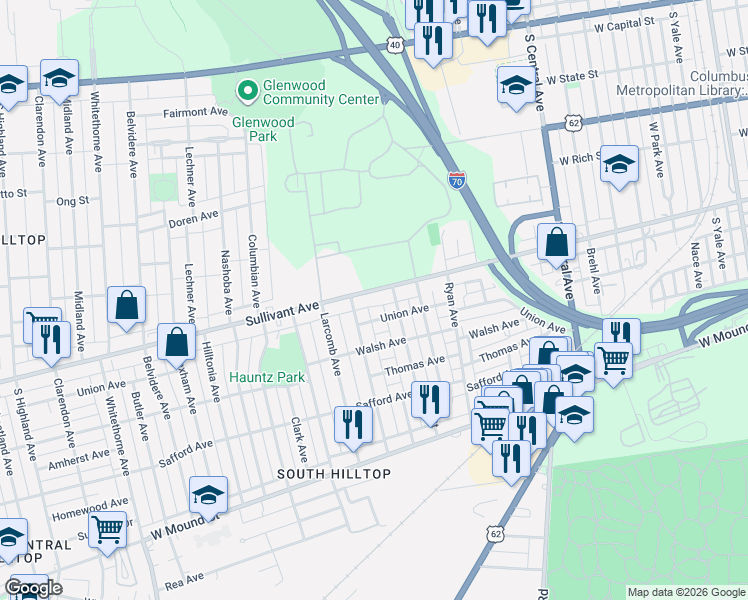 map of restaurants, bars, coffee shops, grocery stores, and more near 1716 Union Avenue in Columbus