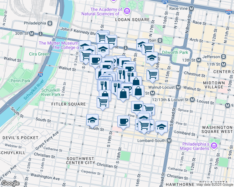 map of restaurants, bars, coffee shops, grocery stores, and more near 222 South 19th Street in Philadelphia