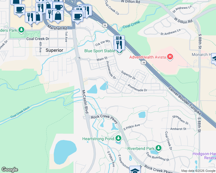 map of restaurants, bars, coffee shops, grocery stores, and more near 570 Discovery Parkway in Superior