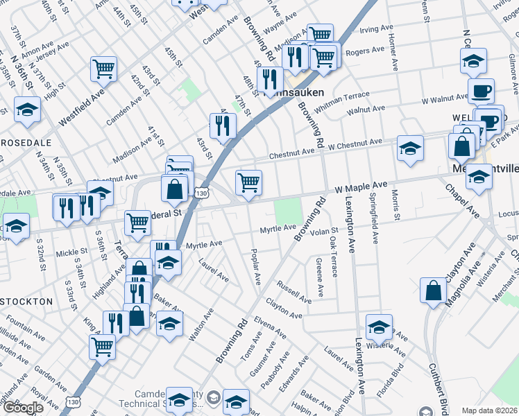 map of restaurants, bars, coffee shops, grocery stores, and more near 606 West Maple Avenue in Merchantville