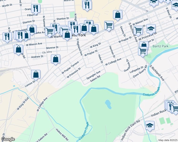 map of restaurants, bars, coffee shops, grocery stores, and more near 1419 West College Avenue in York