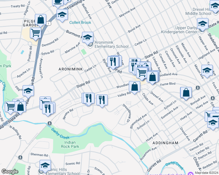 map of restaurants, bars, coffee shops, grocery stores, and more near 4639 Woodland Avenue in Upper Darby