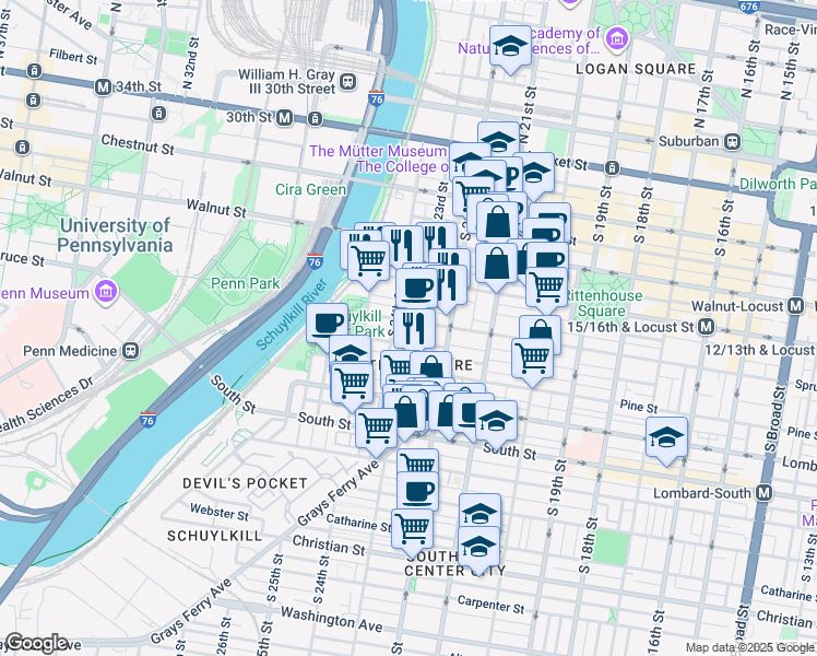 map of restaurants, bars, coffee shops, grocery stores, and more near 2308-10 Spruce Street in Philadelphia