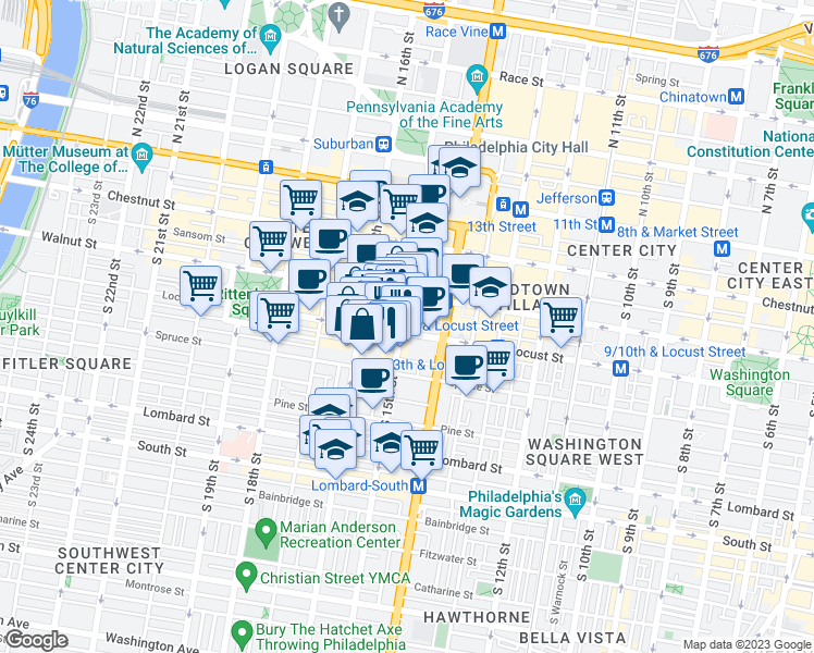 map of restaurants, bars, coffee shops, grocery stores, and more near 1500 Locust Street in Philadelphia