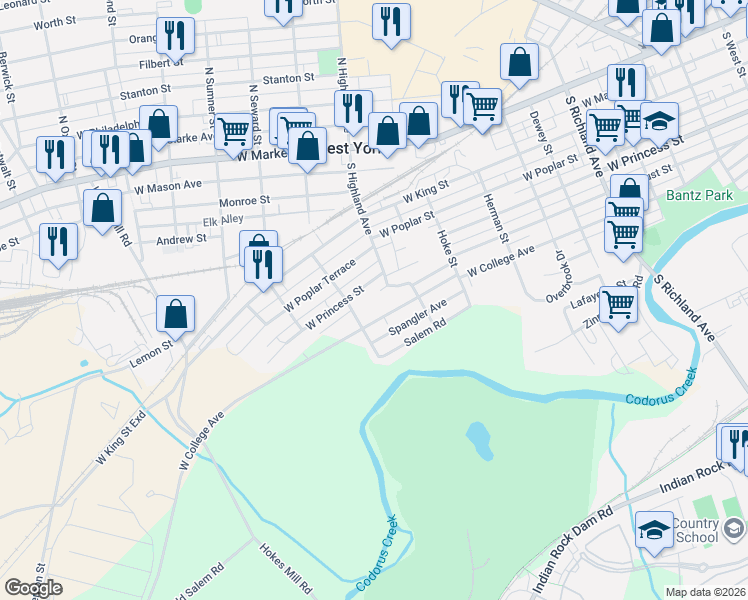 map of restaurants, bars, coffee shops, grocery stores, and more near 1445 West College Avenue in York