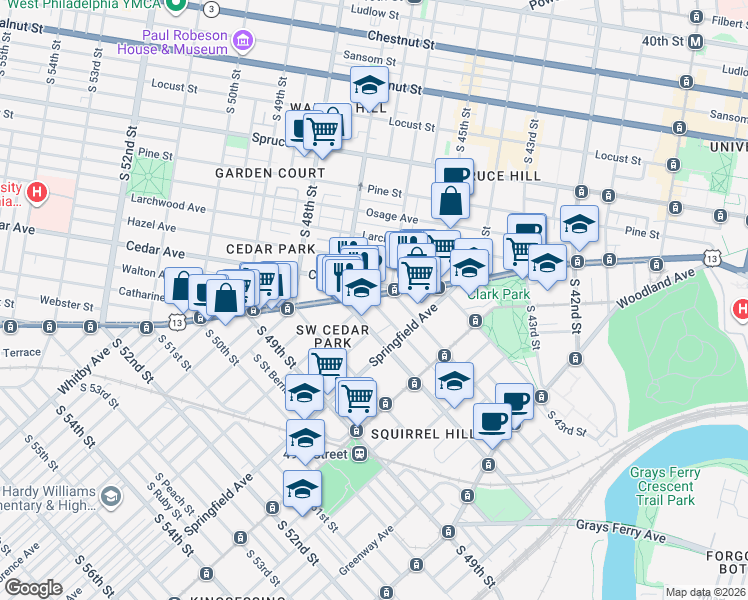 map of restaurants, bars, coffee shops, grocery stores, and more near 4618 Baltimore Avenue in Philadelphia