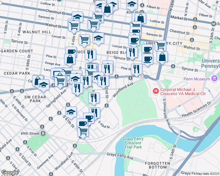 map of restaurants, bars, coffee shops, grocery stores, and more near 4107 Chester Avenue in Philadelphia