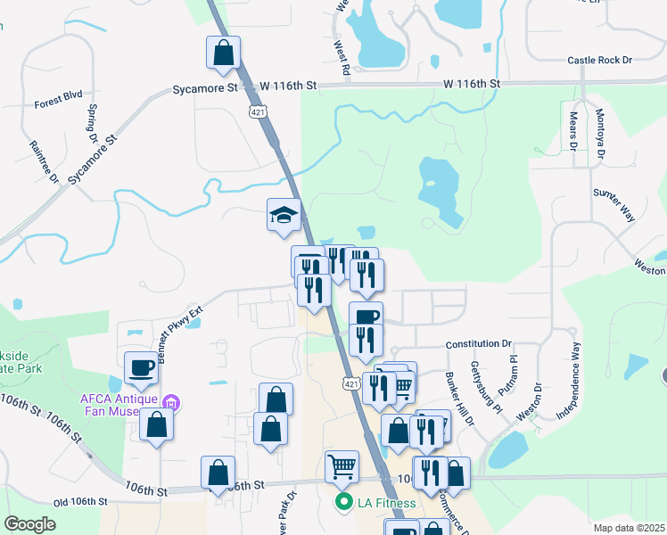 map of restaurants, bars, coffee shops, grocery stores, and more near 11335 North Michigan Road in Zionsville